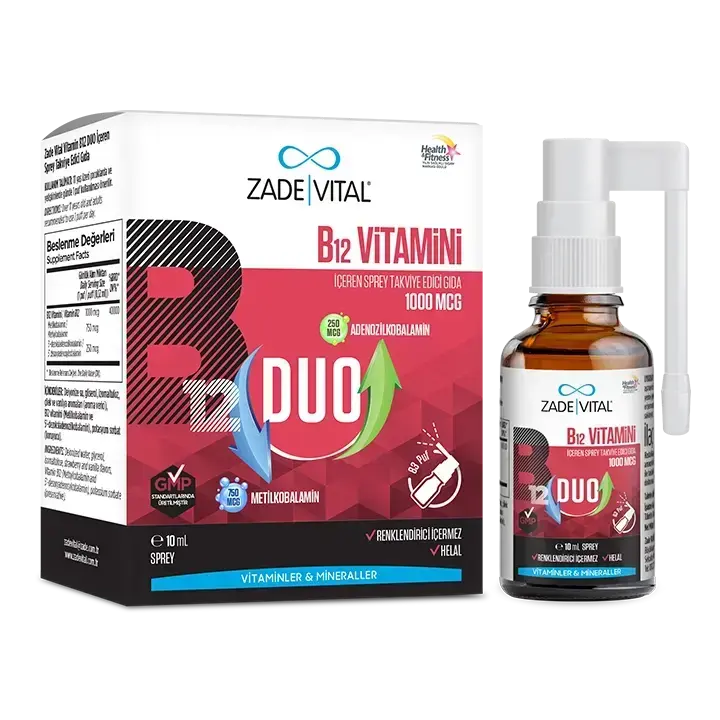 Her pufunda 750 mcg metilkobalamin ve 250 mcg adenozilkobalamin olmak üzere toplam 1000 mcg B12 içeren Zade Vital B12 Duo Sprey