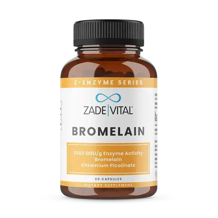 Yüksek enzim aktivitesine sahip 1000 mg ananas kaynaklı bromelain ve 200 mcg krom içeren Zade Vital Bromelain takviye edici gıda ambalajı.