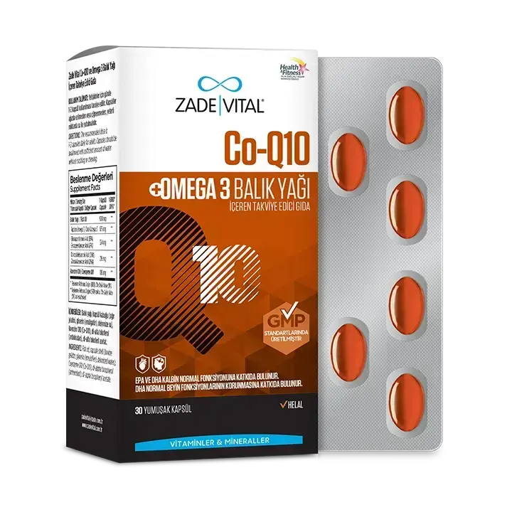 Kalbin normal fonksiyonuna katkıda bulunan, yüksek emilimli ve biyoyararlanımlı EPA DHA ve CoQ10 içeren Zade Vital Koenzim Q10 Omega 3 kapsül takviyes
