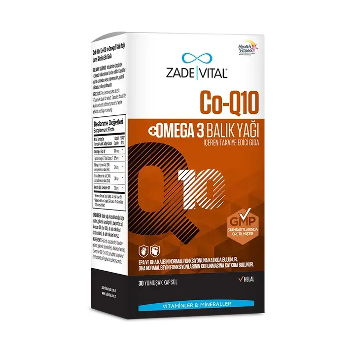 IFOS onaylı hammadde içeren, trigliserid formda Omega 3 balık yağı ve Koenzim Q10 kombinasyonlu Zade Vital takviye edici gıda ambalajı.