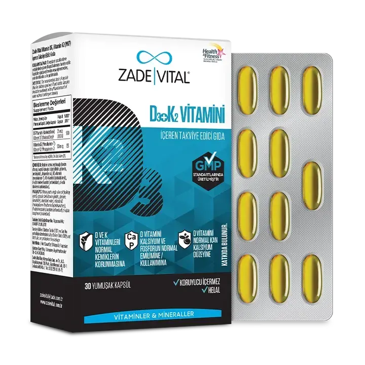 Maksimum emilim için soğuk sıkım sızma zeytinyağı bazlı D3 ve K2 vitaminleri içeren Zade Vital D3 + K2 Vitamini takviye edici gıda ambalajı.