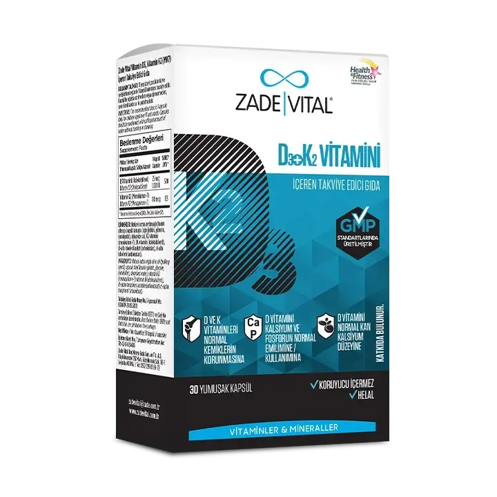 Normal kemiklerin korunmasını, kas fonksiyonunu ve bağışıklık sistemini destekleyen yüksek biyoyararlanıma sahip Zade Vital D3 K2 günlük vitamin takvi