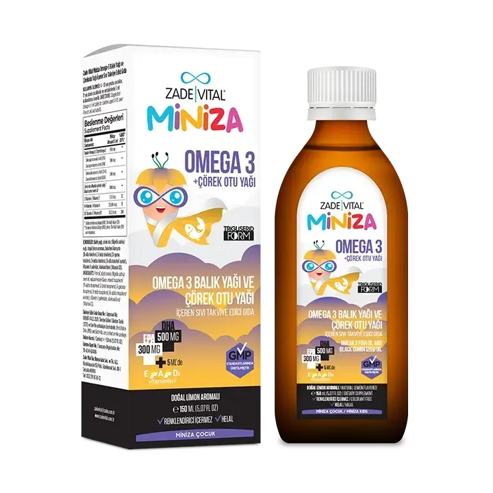 EPA, DHA, doğal A ve D vitaminleri ile çörek otu yağı içeren 150 ml Zade Vital çocuklar için sıvı Omega-3 balık yağı ambalajı.