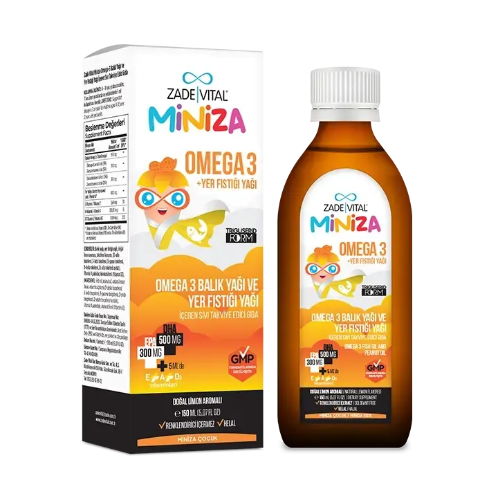EPA, DHA, doğal A ve D vitaminleri ile yer fıstığı yağı içeren 150 ml Zade Vital çocuklar için sıvı Omega-3 balık yağı ambalajı.