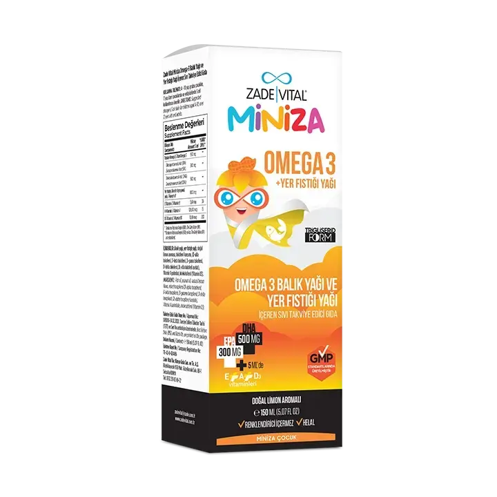 Beyaz arka planda, net alerjen uyarısıyla balık ve yer fıstığı yağı içerdiği belirtilen, çocukların kemik gelişimi için uygun 150 ml'lik Zade Vital ço