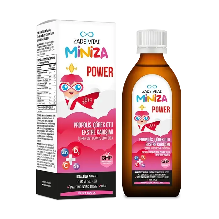 Beyaz arka planda, yorgunluk ve bitkinliğin azalmasına yardımcı olan çok bileşenli, çocuklara yönelik pratik sıvı formda 150 ml'lik Zade Vital Miniza 