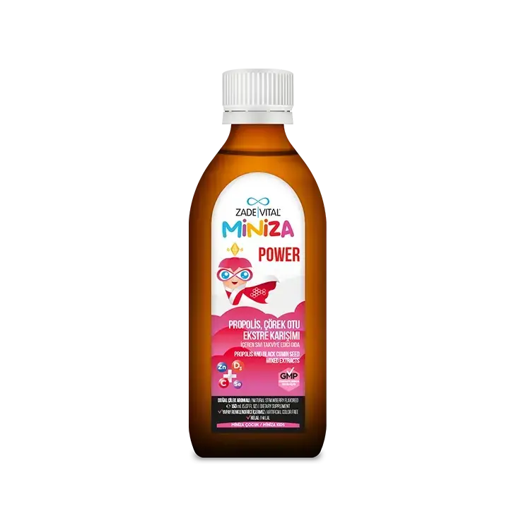 Çocuklar için C vitamini, D3 vitamini, çinko ve selenyum içeren 150 ml Zade Vital Miniza Power Ekstre Karışımı bağışıklık sıvısı ambalajı.