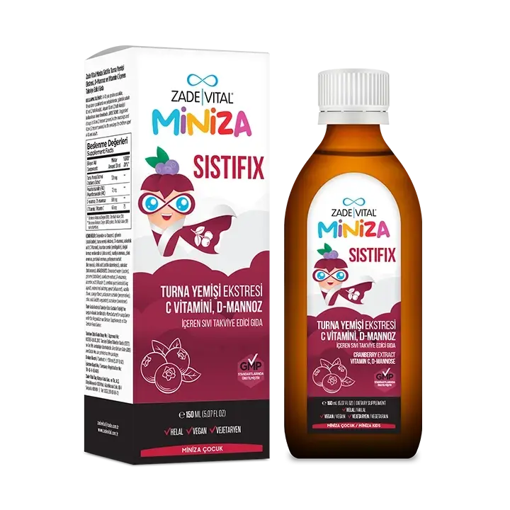 Beyaz arka plan üzerinde, çocukların kolayca tüketebileceği ölçekli veya kaşıklı kullanıma uygun 150 ml'lik şişesiyle premium Zade Vital çocuk takviye