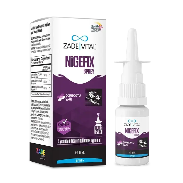 Çörek otu yağı, okaliptus yağı ve tıbbi nane yağı içeren 15 ml Zade Vital Nigefix Sprey takviye edici gıda ambalajı.