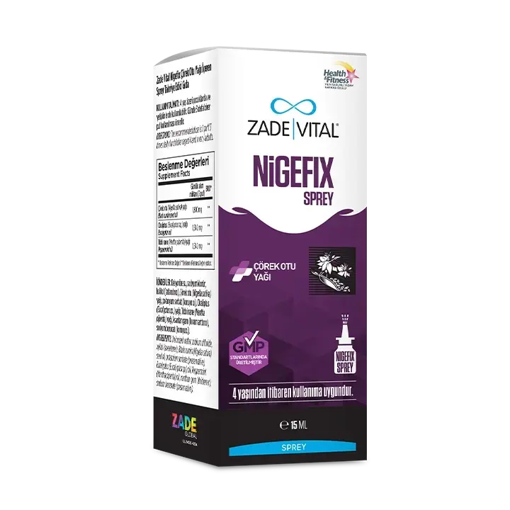 : 4 yaş üzeri çocuklar ve yetişkinler için kullanıma uygun, pratik sprey formunda Zade Vital Nigefix bitkisel takviye.
