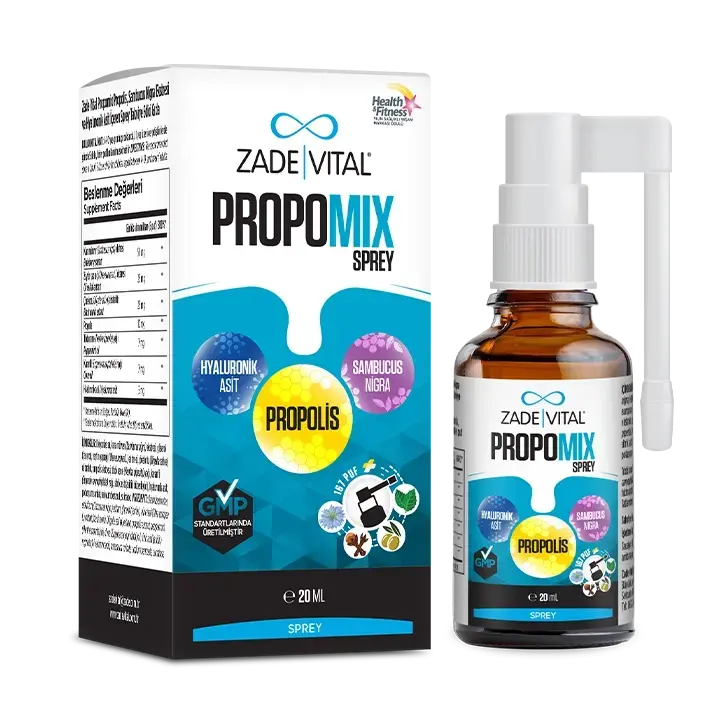 Propolis, kara mürver, zeytin yaprağı ve hyaluronik asit içeren 20 ml Zade Vital Propomix Ağız Spreyi ambalajı.