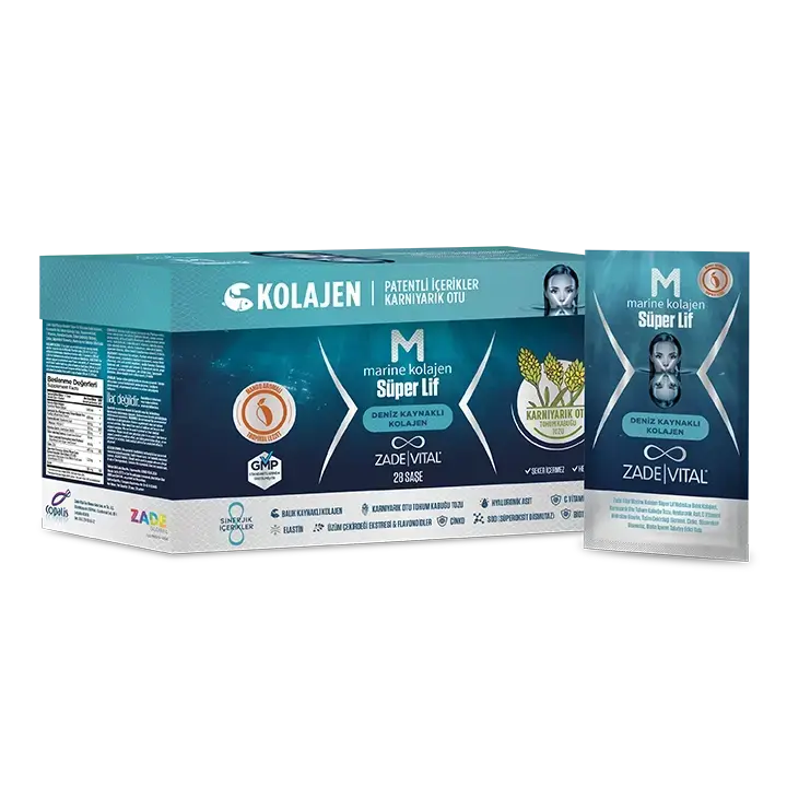Balık kaynaklarından elde edilen Tip 1 marine kolajen peptitleri ve lif içeren 28 saşelik Zade Vital Marine Kolajen Super Lif ambalajı.