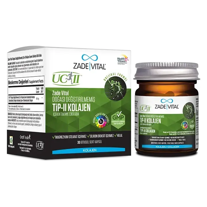 Günlük kullanıma uygun, kapsül formunda doğası değiştirilmemiş UC-II® Tip 2 kolajen içeren Zade Vital eklem destek takviyesi.