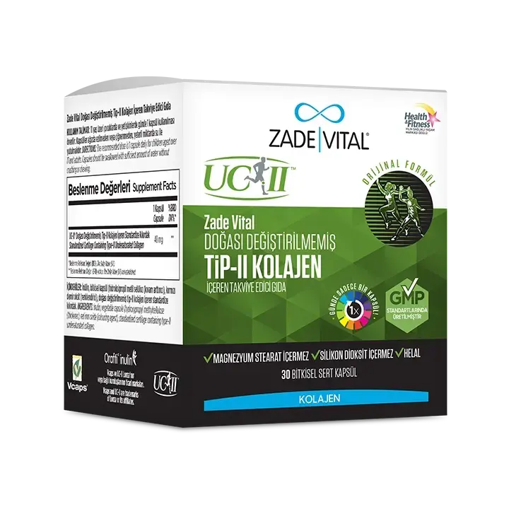 Günlük kullanıma uygun, kapsül formunda doğası değiştirilmemiş UC-II® Tip 2 kolajen içeren Zade Vital eklem destek takviyesi.