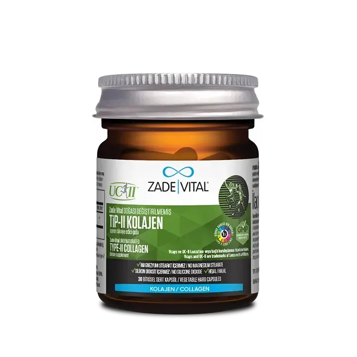 Doğal yapısı korunmuş UC-II® Tip II kolajen içeren 30 kapsüllük Zade Vital takviye edici gıda ambalajı.