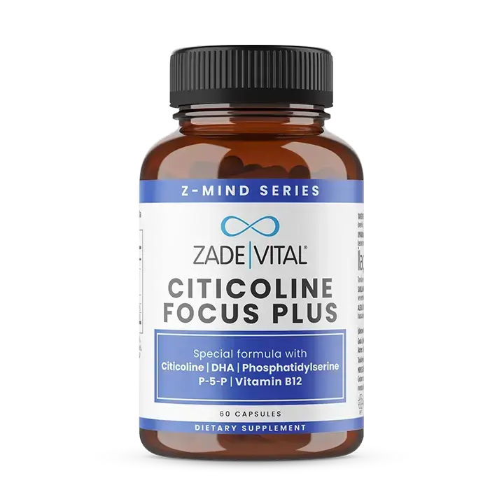 Yoğun zihinsel tempo için sitikolin, DHA, EPA, fosfatidilserin ve B vitaminleri içeren Zade Vital Z-Mind serisi Citicoline Focus+ takviye edici gıda a