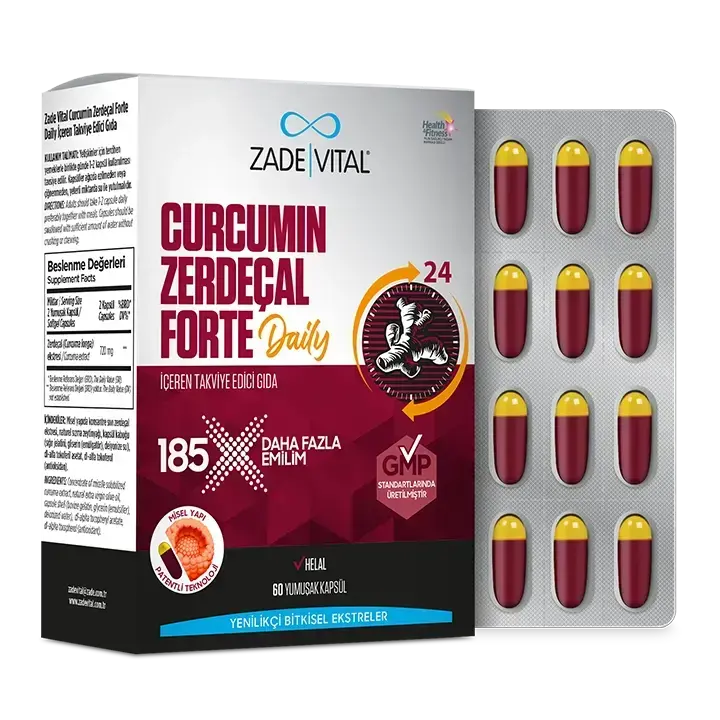Zade Vital yüksek saflıkta Curcumin ve zerdeçal ekstresi içeren 60 kapsüllük takviye edici gıda şişesi ambalajı.