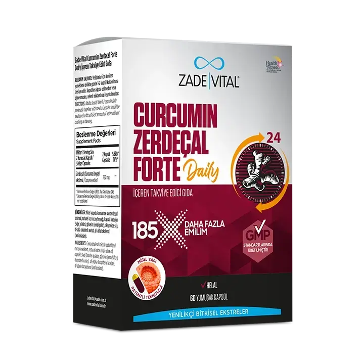 Zade Vital yüksek saflıkta Curcumin ve zerdeçal ekstresi içeren 60 kapsüllük takviye edici gıda şişesi ambalajı.