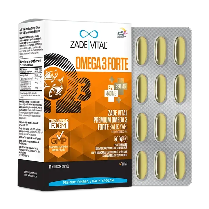 Yüksek saflıkta EPA ve DHA içeren, trigliserid formda 40 yumuşak kapsüllük Zade Vital Omega-3 balık yağı takviyesi ambalajı.